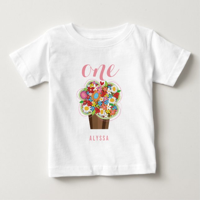 Spring Flowers Cupcake Flicka 1-års födelsedagsfes Tee (Framsida)