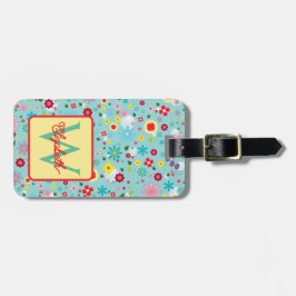 Spring Flowers on Aqua Blue Monogram Bagagebricka