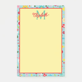 Spring Flowers on Aqua Blue Monogram Post-it Block