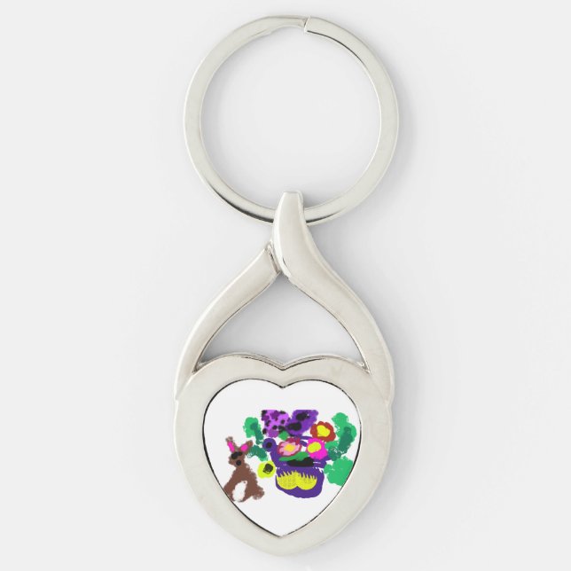 Spring flowers Rabbit joy Twisted Heart Silverfärgad Nyckelring (Framsidan)