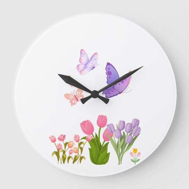 Spring Garden Butterfly Wall Clock – Pink Tulips & Stor Klocka (Framsida)
