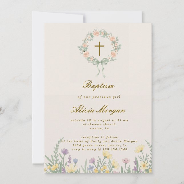 Spring Garden Floral Cross Baptism Invitation Inbjudningar (Framsida)