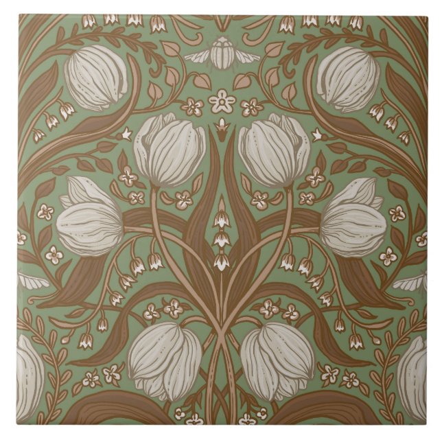 Spring Garden flowers on sage Kakelplatta (Framsidan)