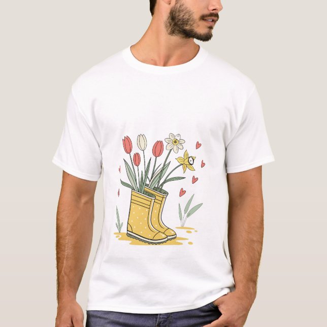 Spring Garden Regnstövlar T-Shirt - Blommig Gul (Framsida)