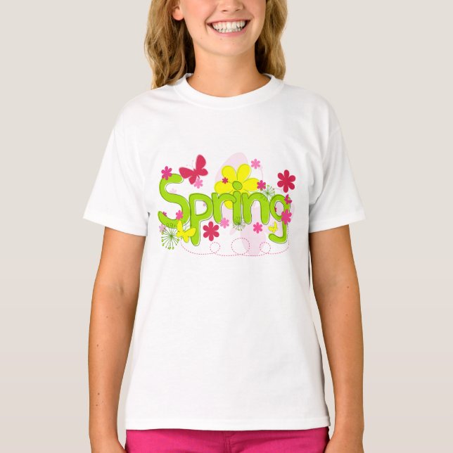 Spring Garden Typography Flowers Butterflies T Shirt (Framsida)