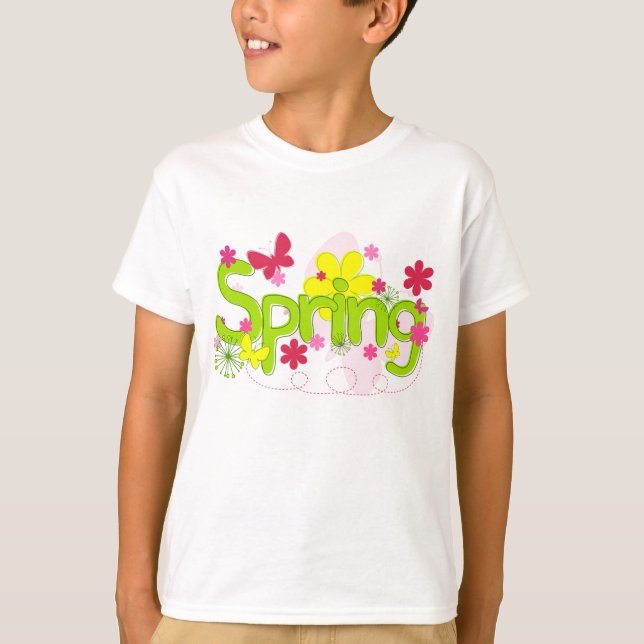 Spring Garden Typography Flowers Butterflies T Shirt (Framsida)