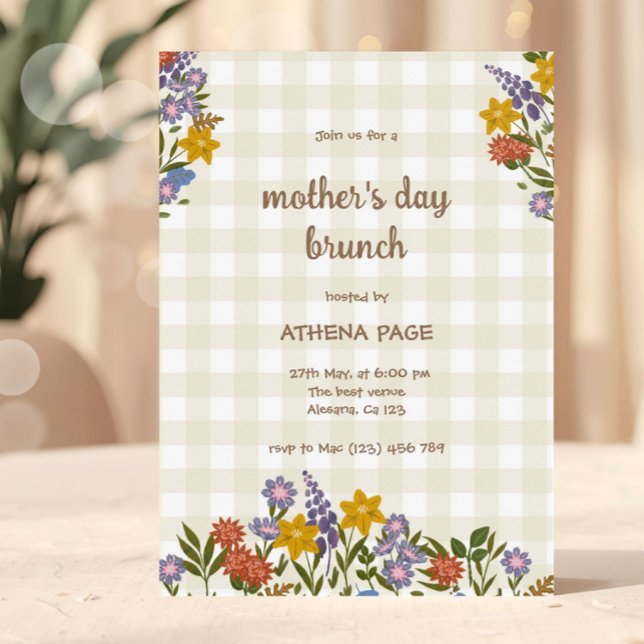 Spring Gingham Floral Mother's Day Inbjudningar (Mother’s Day Brunch Invitation Template | Floral Mother's Day Invite | Editable Mother's Day Event I)