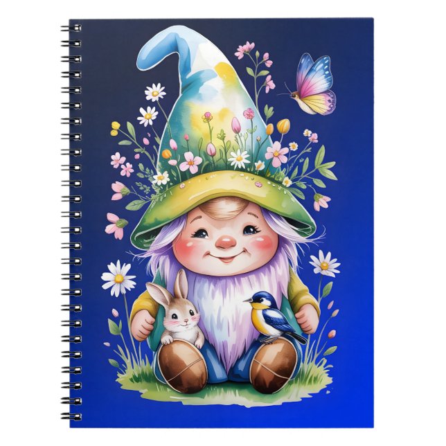 Spring Gnome with Bunny and Bluebird Anteckningsbok (Framsidan)