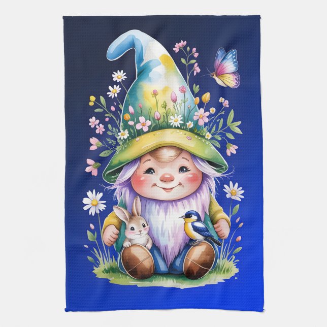 Spring Gnome with Bunny and Bluebird Kökshandduk (Vertikal)