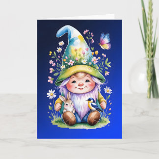 Spring Gnome with Bunny and Bluebird Kort