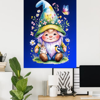 Spring Gnome with Bunny and Bluebird Poster