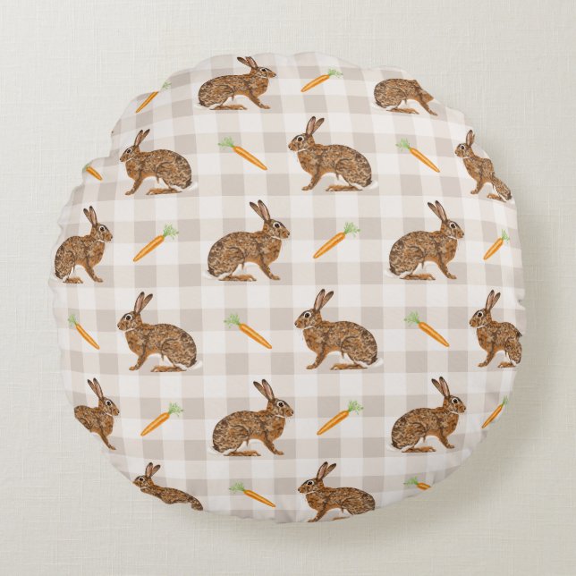 Spring Hare And Carrot Rustic Beige Gingham Easter Rund Kudde (Framsidan)