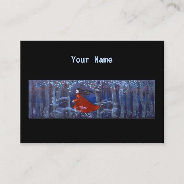 Spring i skogen på natten. På Black. Visitkort (Framsida)