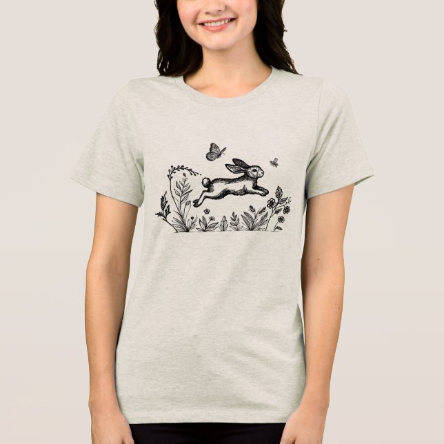 Spring Jumping Bunny Flowers and Butterfly Graphic T Shirt (Framsida)