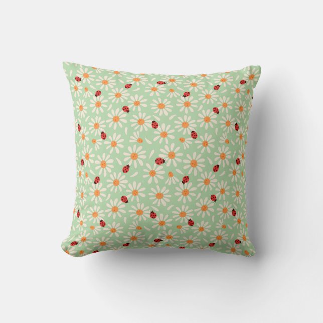 Spring Ladybugs and Daisies Throw Pillow Kudde (Framsida)