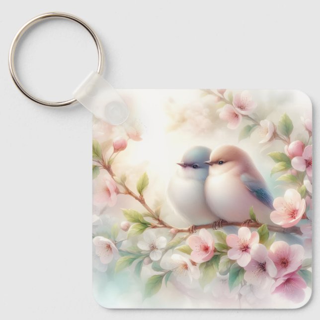 Spring Love Birds Cherry Blossom Floral Nyckelring (Framsida)