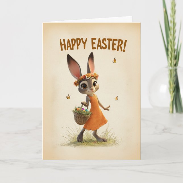 Spring Meadow Bunny with Basket Easter Card Kort (Framsida)