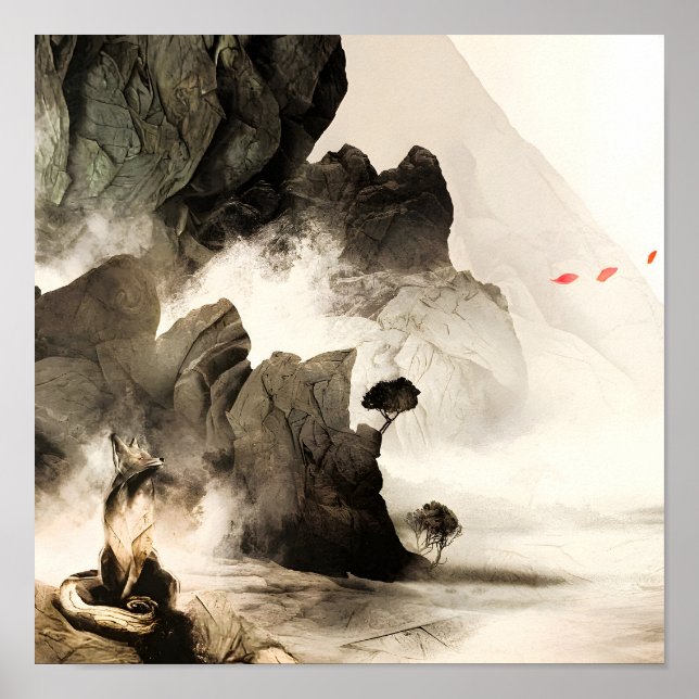 Spring Mystic Fox Misty Mountain Minimalist Zen Poster (Framsidan)