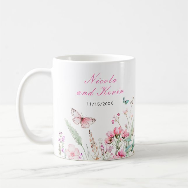 Spring Pink Butterfly Floral Wedding Kaffemugg (Vänster)