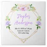 Spring Purple Floral Baby Birth Stats Kakelplatta<br><div class="desc">This fun and whimsical tile features watercolor purple flowers and foliage on a gold geometric frame. The text combines handwritten script and serif fonts for a stylish and modern look. It can be personalized with your baby's birth stats, such as name, size, date and time of birth, or if you...</div>
