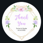 Spring Purple Floral Wedding Thank You Runt Klistermärke<br><div class="desc">This beautiful and elegant wedding thank you sticker features watercolor purple flowers and foliage on a gold geometric frame. The text combines handwritten script and serif fonts for a stylish and modern look. This is perfect for a spring rustic wedding.</div>