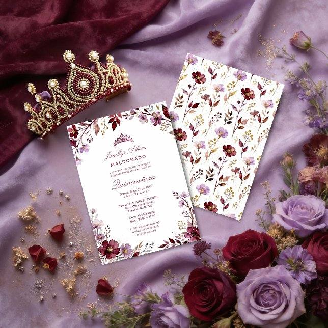 Spring Purple-Toned Botanical Branches Tiara XVs Inbjudningar (Stylish Spring Botanical Purple-Toned Exquisite Branches Quinceañera Invitation Cards.)