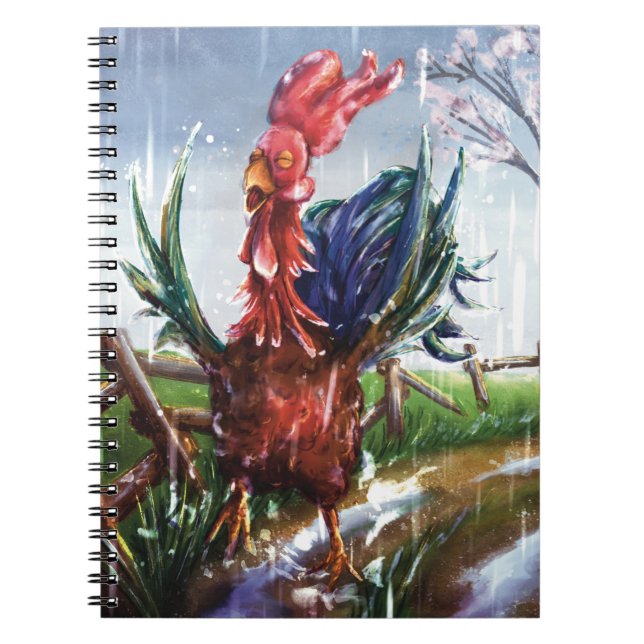 Spring Rain Rooster Illustration Spiral Notebook Anteckningsbok (Framsidan)
