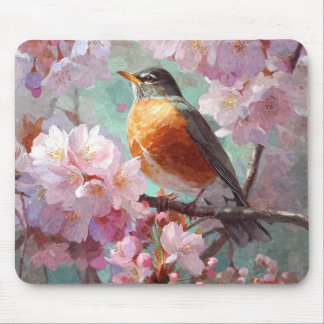 Spring Robin Pink Cherry Blossom Mousepad Musmatta