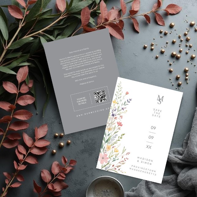 Spring Sweet Wildflowers Branches Wedding Gray Spara Datumet (Spring Sweet Wildflowers Branches Wedding Save the Date Card with Back QR Code and Soft Gray Back.)