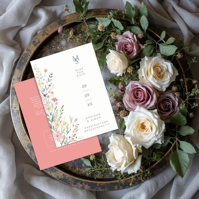 Spring Sweet Wildflowers Branches Wedding Pink Spara Datumet (Spring Sweet Wildflowers Branches Wedding Save the Date Card with Back QR Code and Peachy Pink Back.)
