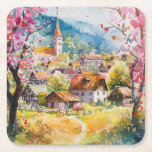 Spring Village Underlägg Papper Kvadrat<br><div class="desc">A Watercolour Village in Springtime</div>