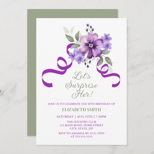 Spring Violet Flower Greenery Surprise Birthday Inbjudningar (Fram/baksida)