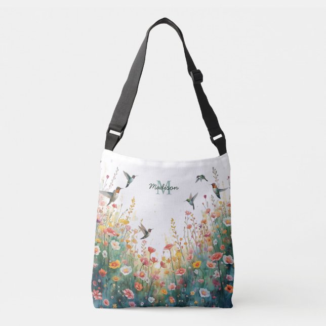 Spring Watercolor Birds Floral Monogram Wildflower Axelväska (Framsida)