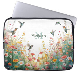 Spring Watercolor Birds Floral Monogram Wildflower Laptop Fodral