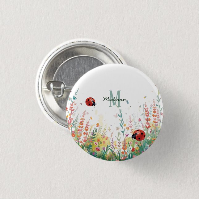 Spring Watercolor ladybug Floral Monogram Wildflow Knapp (Framsida & baksida)