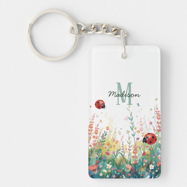 Spring Watercolor ladybug Floral Monogram Wildflow Nyckelring (Framsidan)