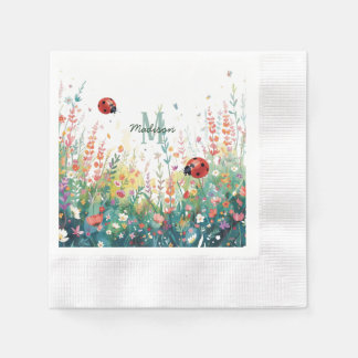 Spring Watercolor ladybug Floral Monogram Wildflow Pappersservett