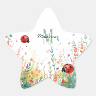 Spring Watercolor ladybug Floral Monogram Wildflow Stjärnformat Klistermärke