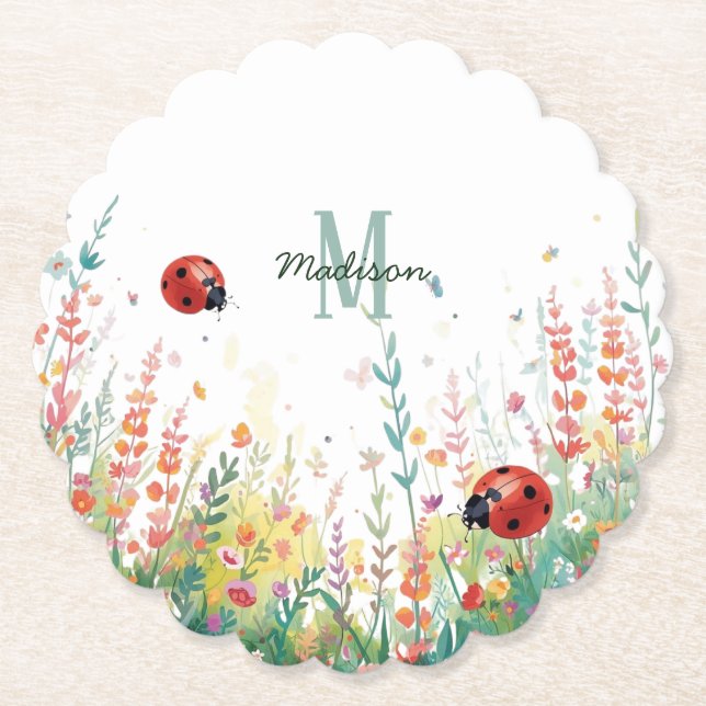 Spring Watercolor ladybug Floral Monogram Wildflow Underlägg Papper (Framsida)