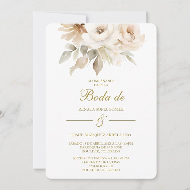 Spring white flower Wedding Invitation in Spanish Inbjudningar (Framsida)