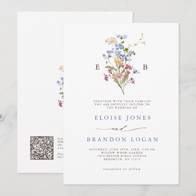 Spring Wildflower Meadow Garden QR Code Wedding   Inbjudningar (Fram/baksida)