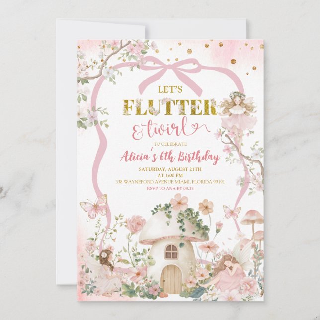 Spring woodland fairy flutter and twirl birthday inbjudningar (Framsida)