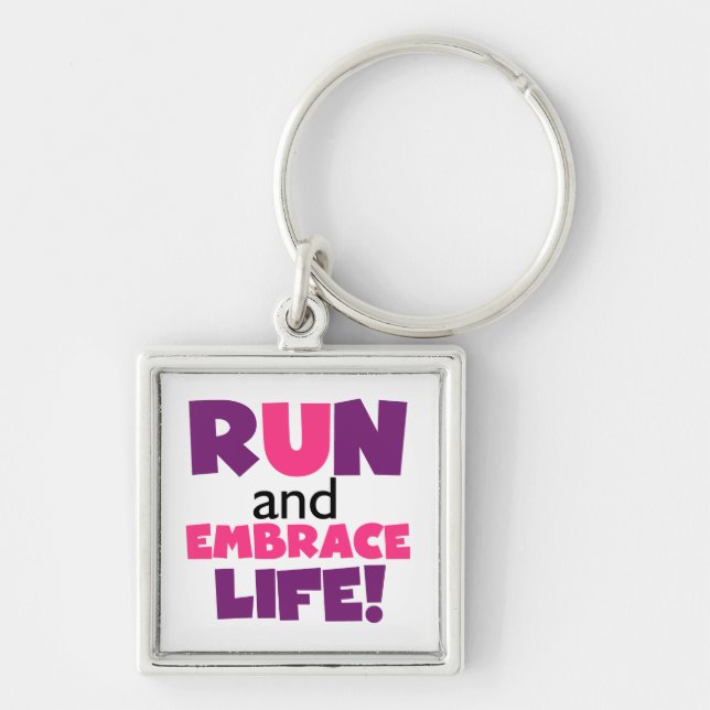 Springa Embrace Life Lila Rosa Fyrkantig Silverfärgad Nyckelring (Framsidan)