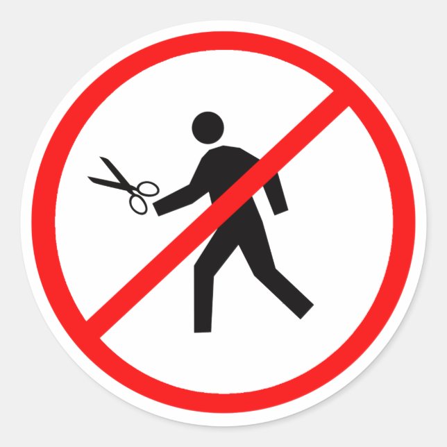 Springa med saxar! runt klistermärke (Framsida)