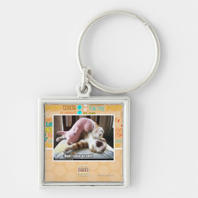 Springa! Sparaursjälv! Fyrkantig Silverfärgad Nyckelring (Framsidan)