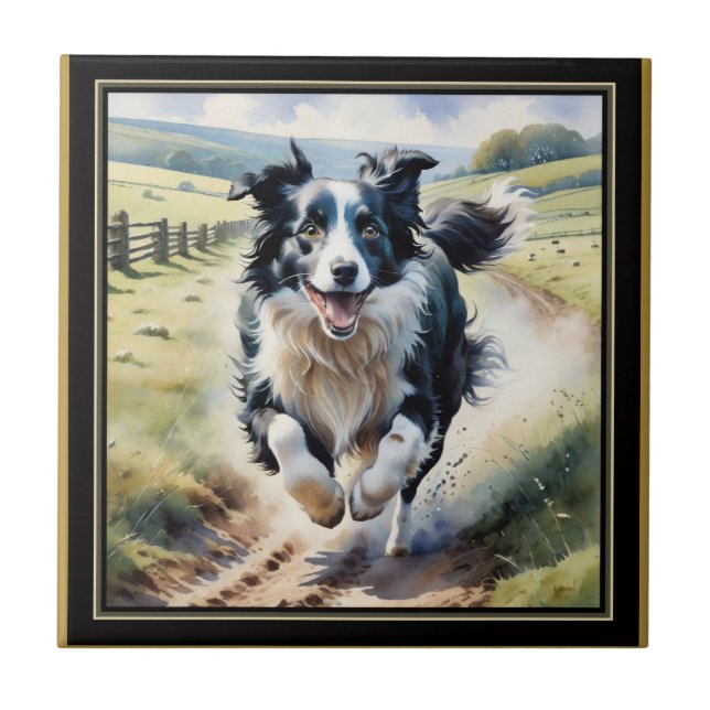 Springande Border Collie Kakelplatta (Framsidan)
