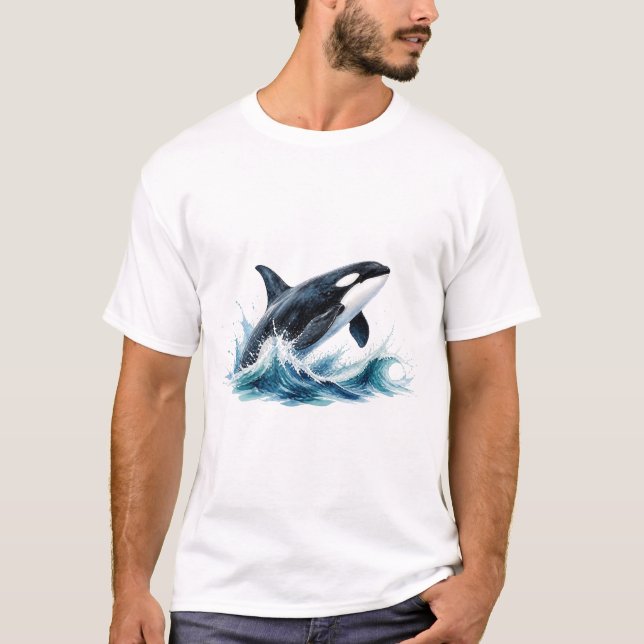 Springender Orca Im Wellenspritzer T Shirt (Framsida)