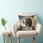 Springer Spain Hund By a Anka Pond Kudde<br><div class="desc">En snurrande hund med brunt och vitt jackande gazer som är tanklöst placerade över ett serenvåtlandskap vid gryningen,  där ankor tar flyget mitt i höga raser</div>