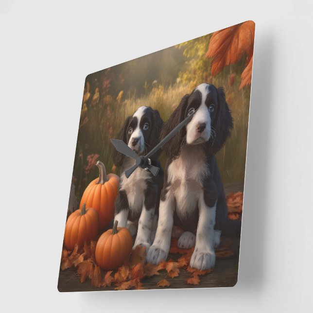 Springer spanel Puppy Autumn Delight Pumpkin Fyrkantig Klocka (Vinkel)