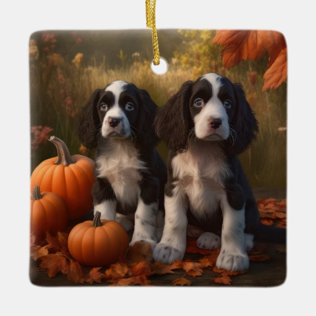 Springer spanel Puppy Autumn Delight Pumpkin Julgransprydnad Keramik (Framsida)